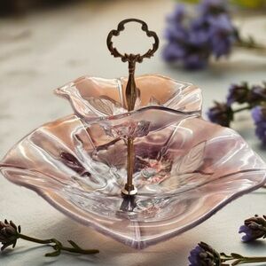 Clear Glass Two-Tier Serving Tray with Brass Handle